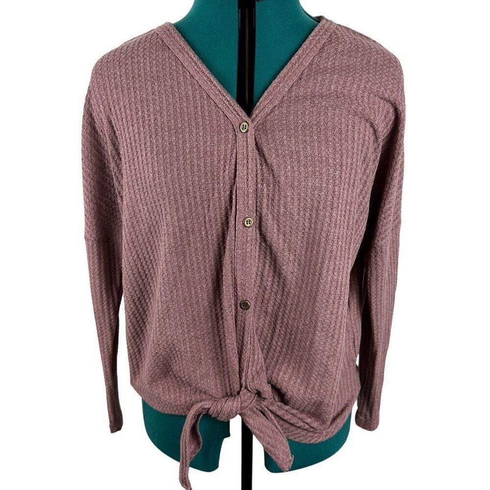 IWOLLENCE Women's Waffle Knit Tunic Blouse Tie Knot Henley Top- Size S - Picture 2 of 11